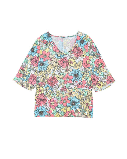 Azura Exchange Floral Print V Neck Half Sleeve Blouse - M