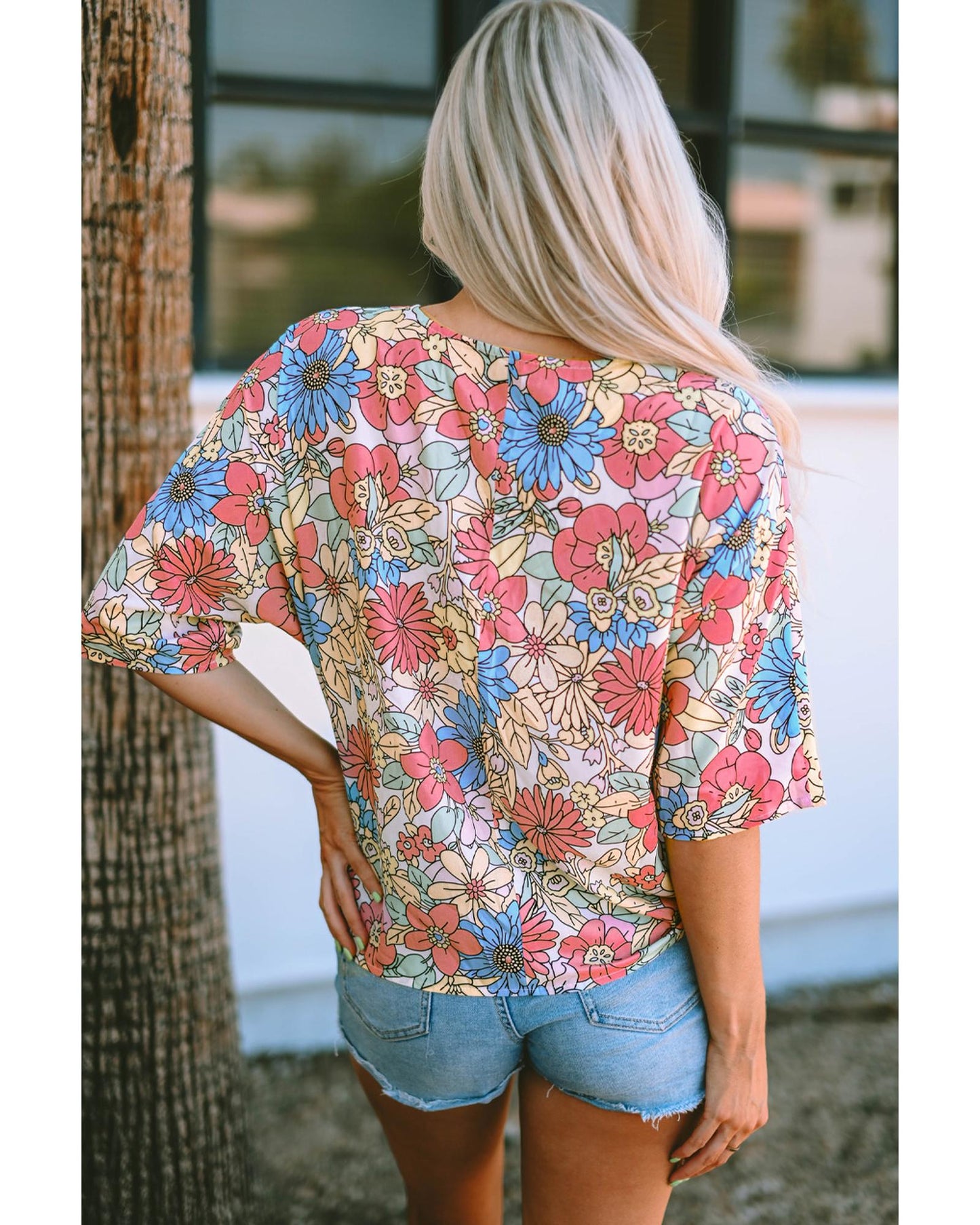 Azura Exchange Floral Print V Neck Half Sleeve Blouse - M