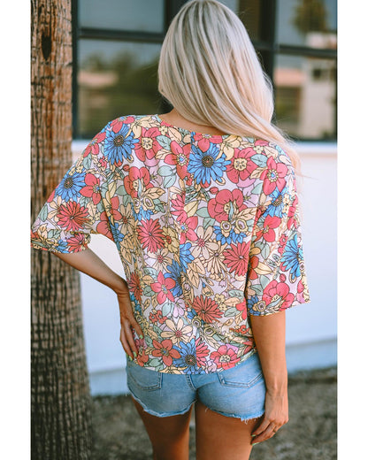 Azura Exchange Floral Print V Neck Half Sleeve Blouse - M