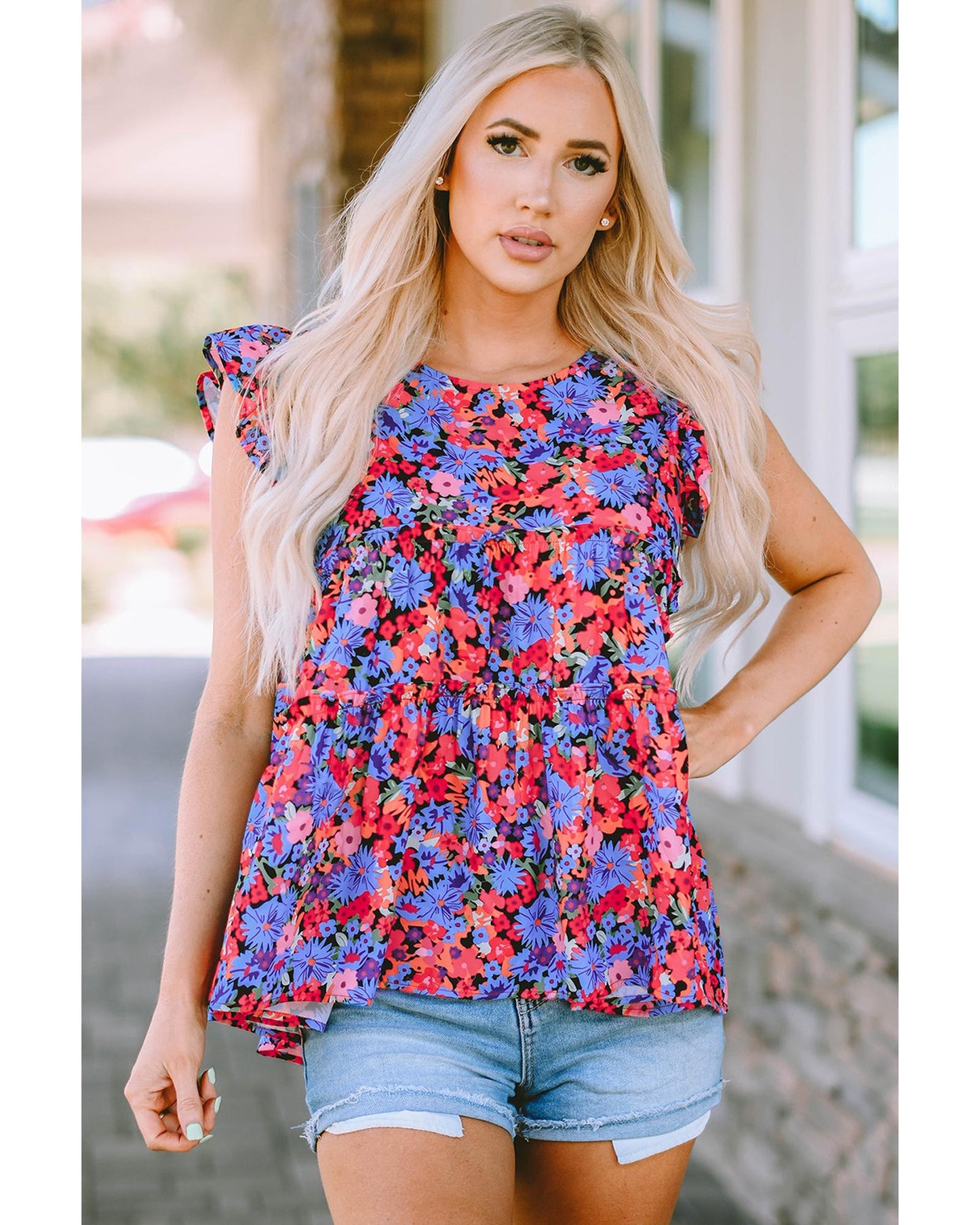 Azura Exchange Floral Print Ruffle Tiered Short Sleeve Babydoll Top - S