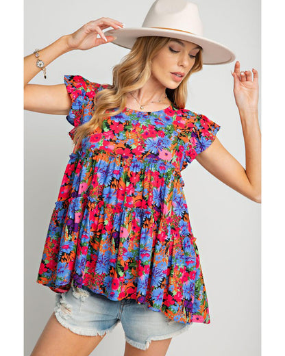 Azura Exchange Floral Print Ruffle Tiered Short Sleeve Babydoll Top - S