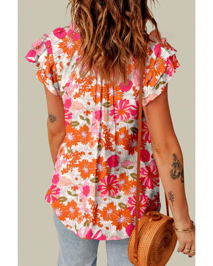 Azura Exchange Floral Ruffle Sleeve Blouse with Split V-Neck - M