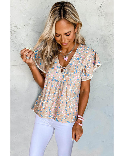 Azura Exchange Crisscross V Neck Ruffle Sleeve Printed Flowy Blouse - L