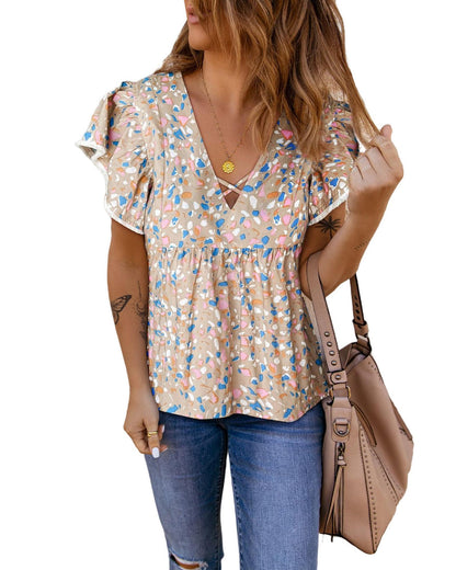 Azura Exchange Crisscross V Neck Ruffle Sleeve Printed Flowy Blouse - M