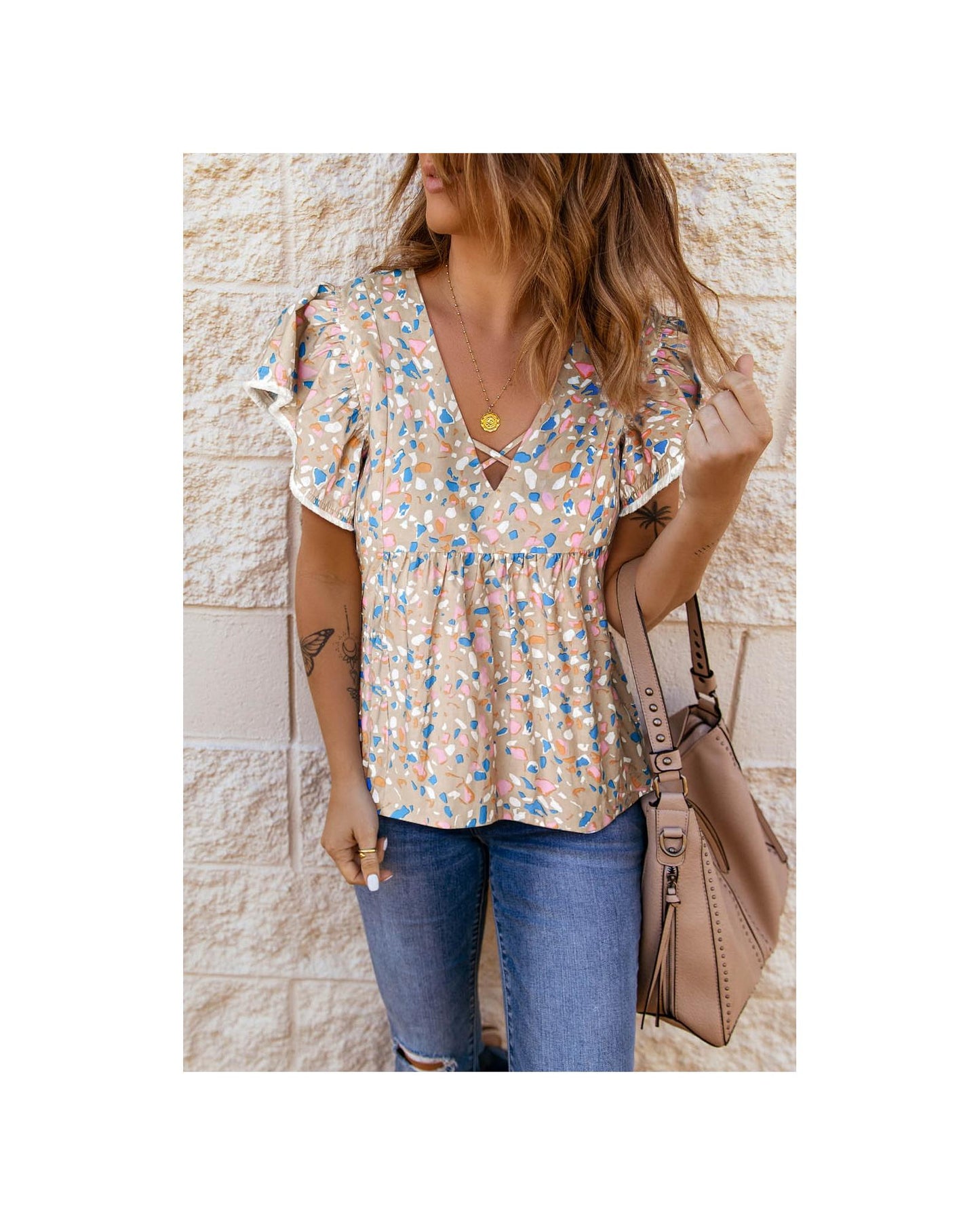 Azura Exchange Crisscross V Neck Ruffle Sleeve Printed Flowy Blouse - M