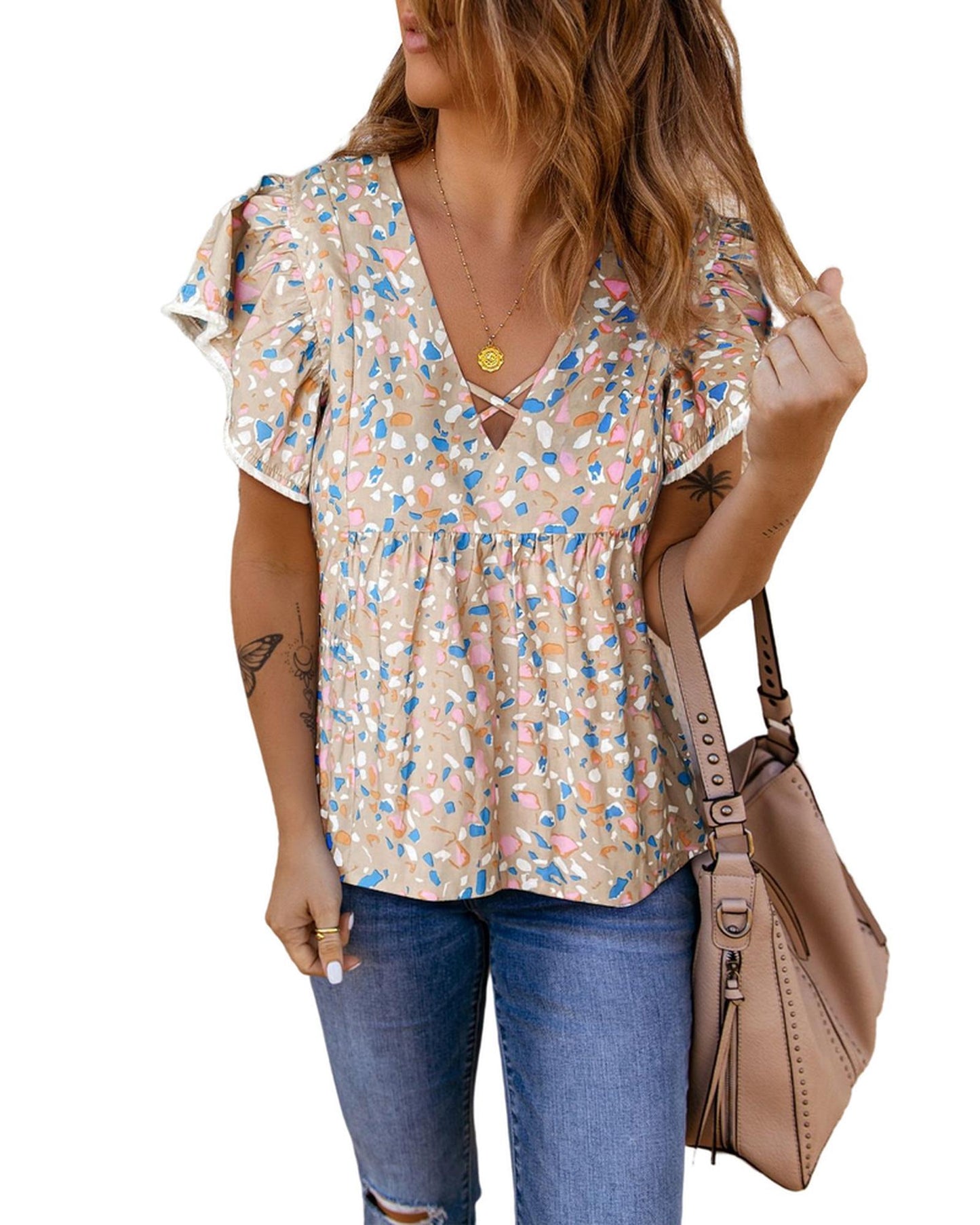 Azura Exchange Crisscross V Neck Ruffle Sleeve Printed Flowy Blouse - S