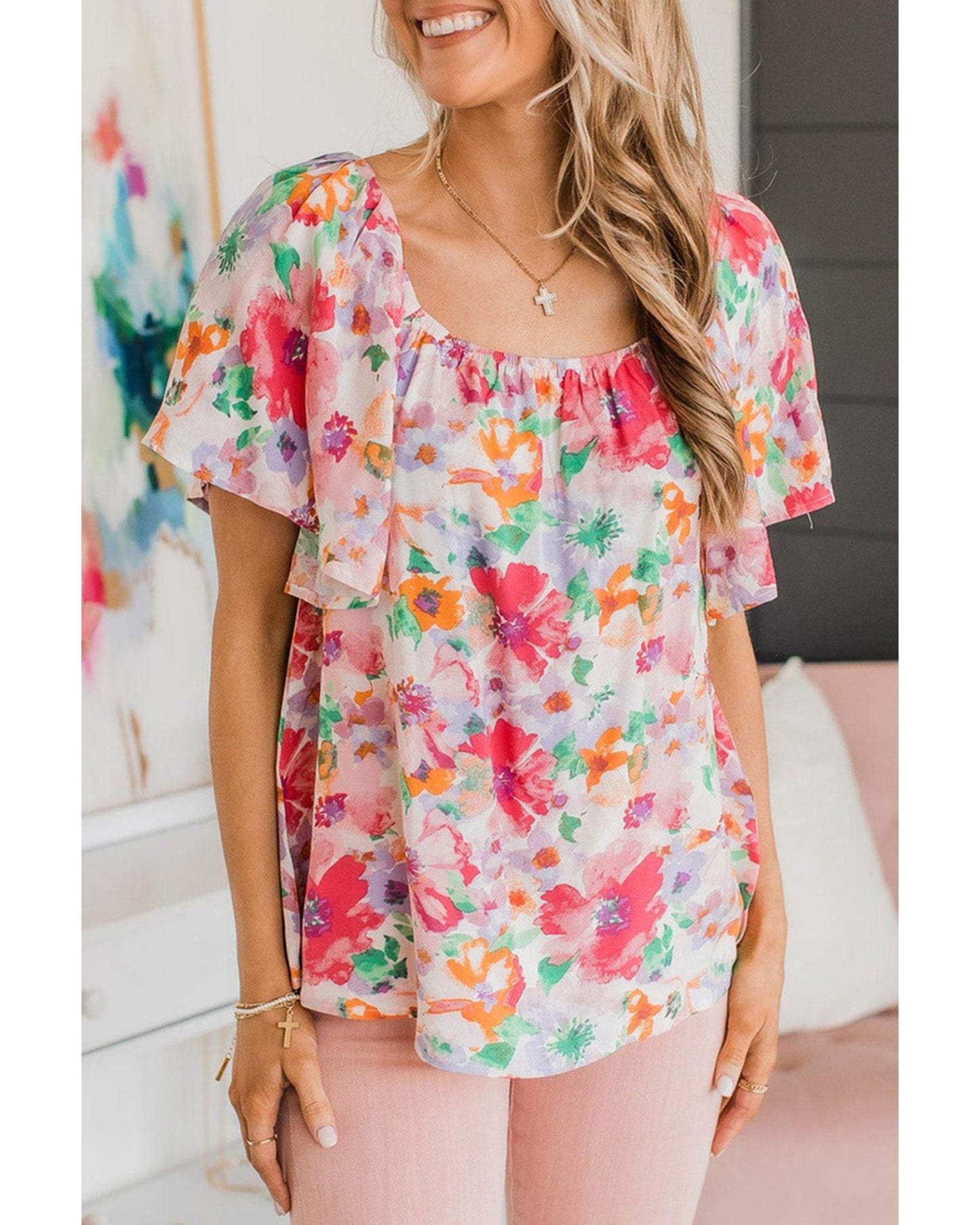 Azura Exchange Watercolor Floral Ruffle Sleeve Blouse - L