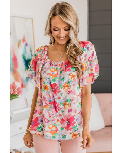 Azura Exchange Watercolor Floral Ruffle Sleeve Blouse - L