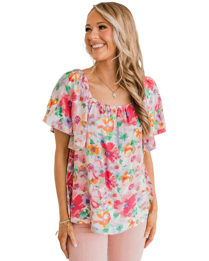 Azura Exchange Watercolor Floral Ruffle Sleeve Blouse - M