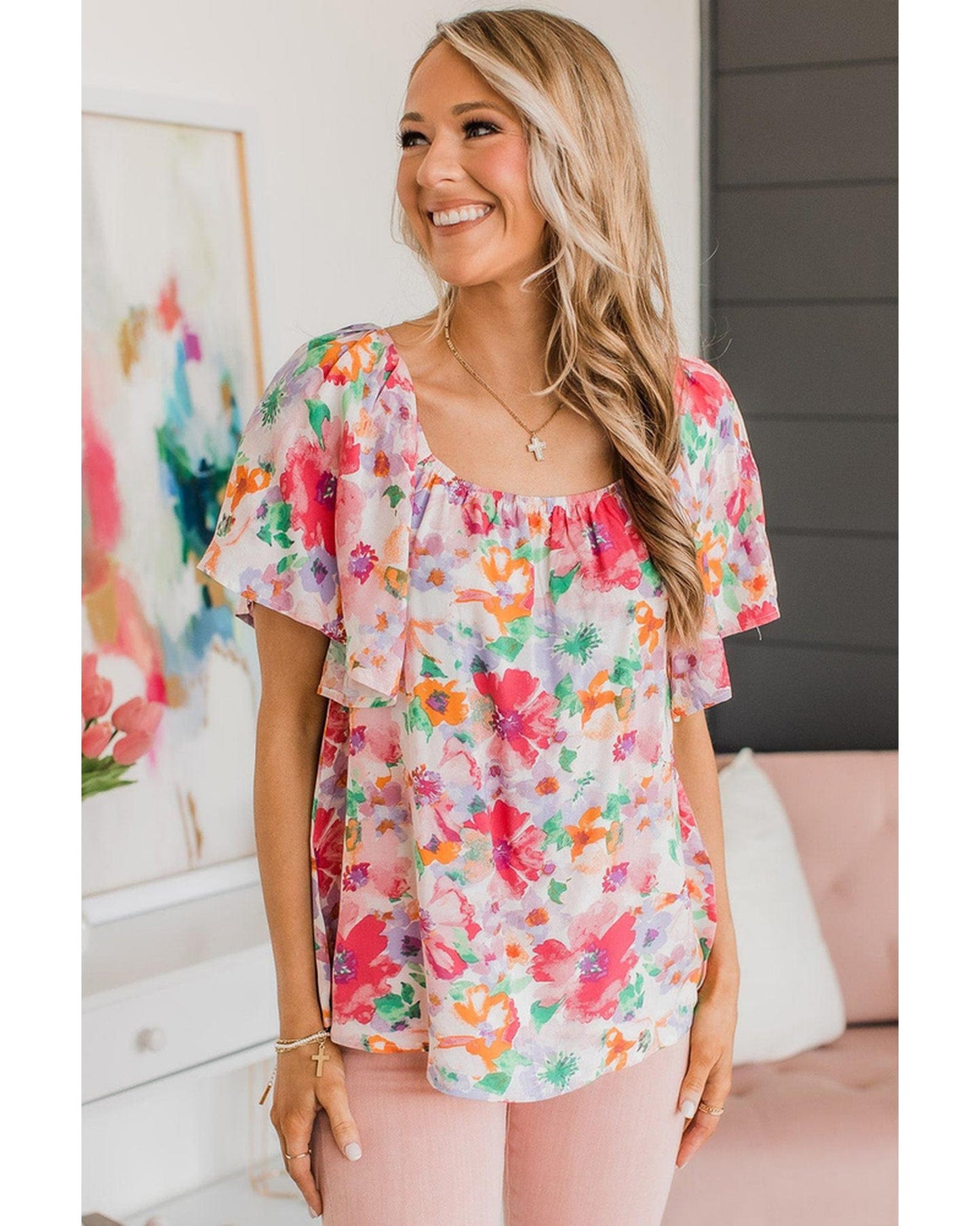 Azura Exchange Watercolor Floral Ruffle Sleeve Blouse - S