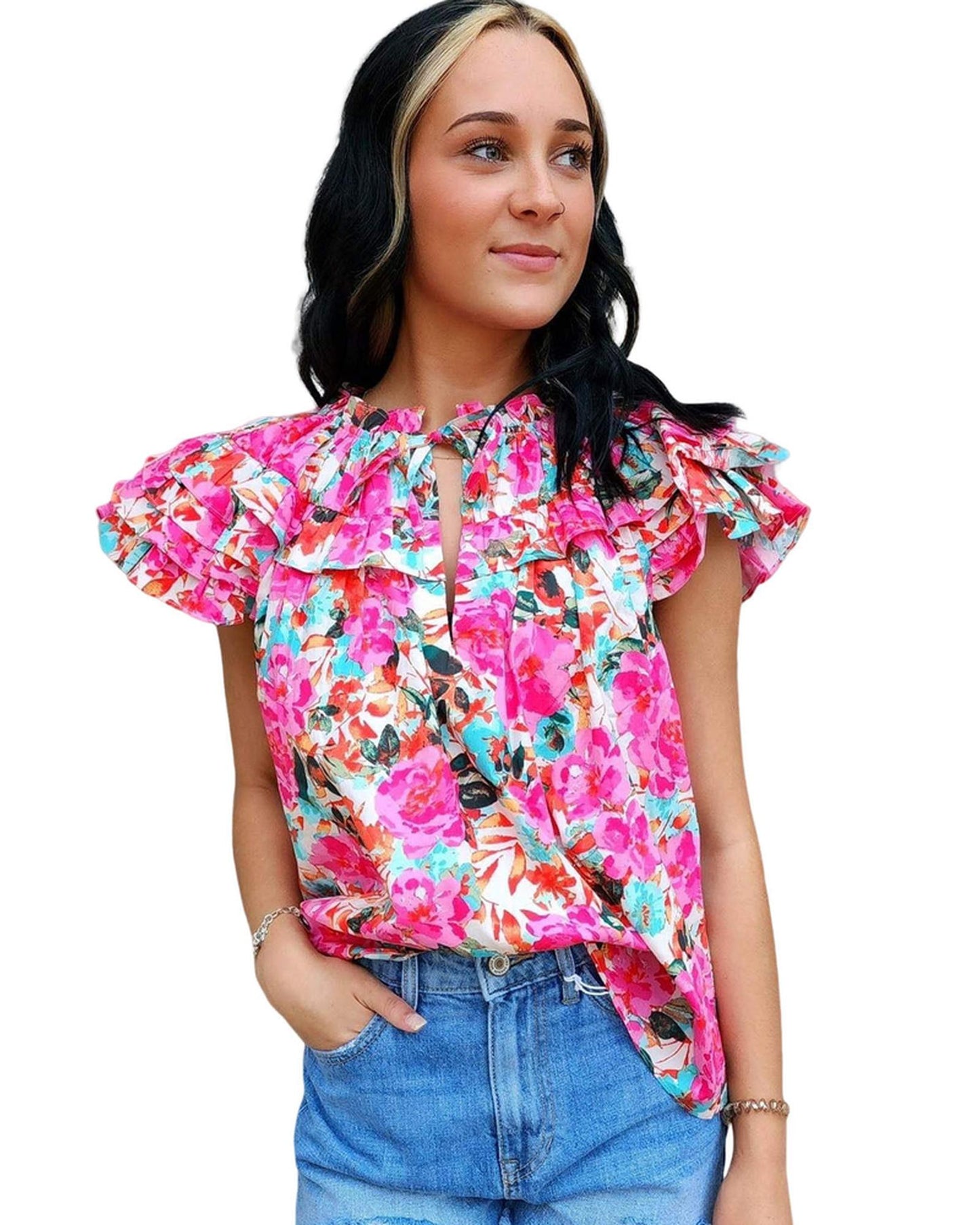 Azura Exchange Ruffle Flutter Sleeve Floral Print Blouse - L