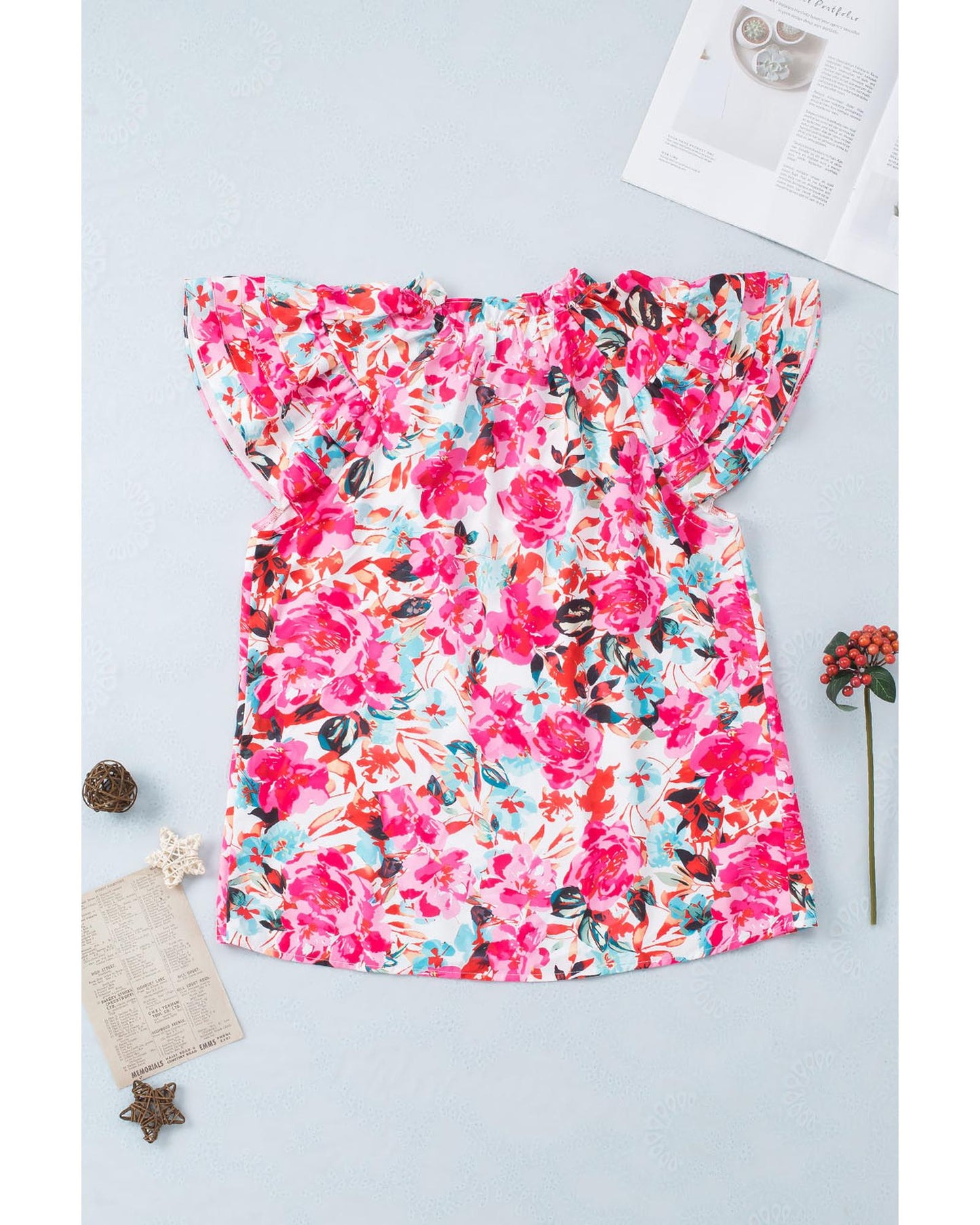 Azura Exchange Ruffle Flutter Sleeve Floral Print Blouse - M