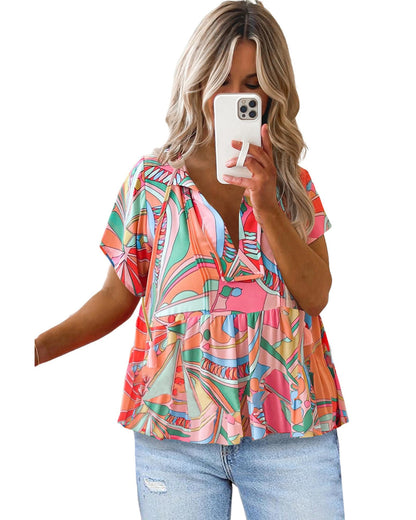 Azura Exchange Abstract Pattern Split V Neck Flowy Blouse - L