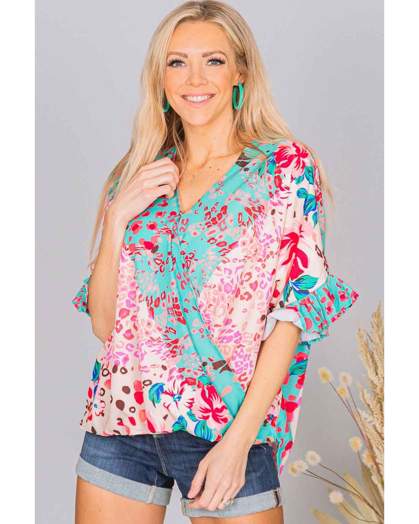 Azura Exchange Leopard Floral Mixed Print Ruffle Sleeve Blouse - L