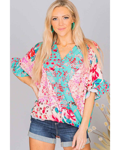 Azura Exchange Leopard Floral Mixed Print Ruffle Sleeve Blouse - L