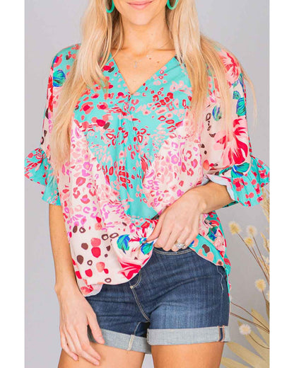 Azura Exchange Leopard Floral Mixed Print Ruffle Sleeve Blouse - M