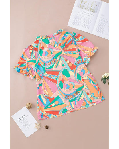 Azura Exchange Abstract Geometry Print Frilled V Neck Blouse - M