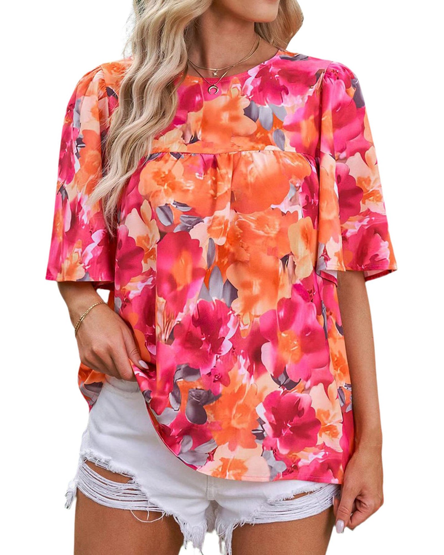 Azura Exchange Wide Sleeve Floral Print Blouse - M