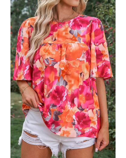 Azura Exchange Wide Sleeve Floral Print Blouse - S