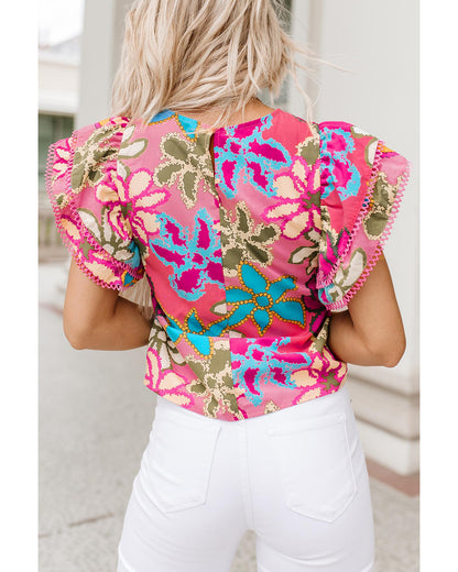 Azura Exchange Vibrant Floral Print Ruffle Sleeve Blouse - M