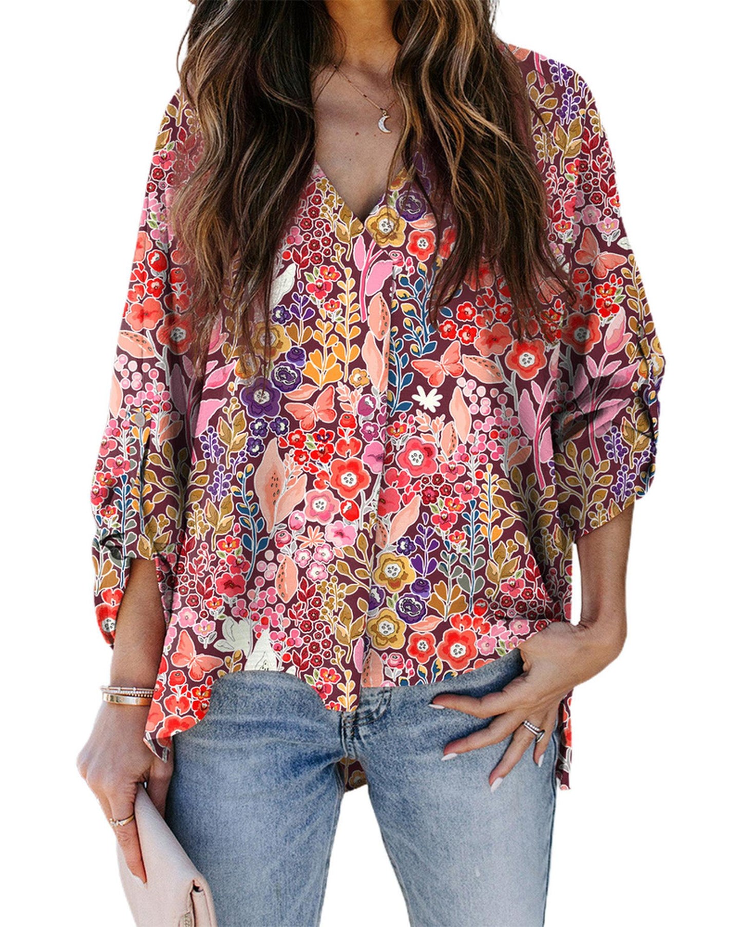 Azura Exchange Boho Floral Long Sleeve V-Neck Blouse - L