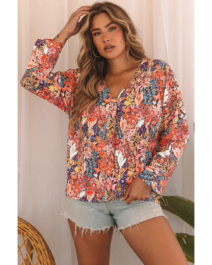 Azura Exchange Boho Floral Long Sleeve V-Neck Blouse - L