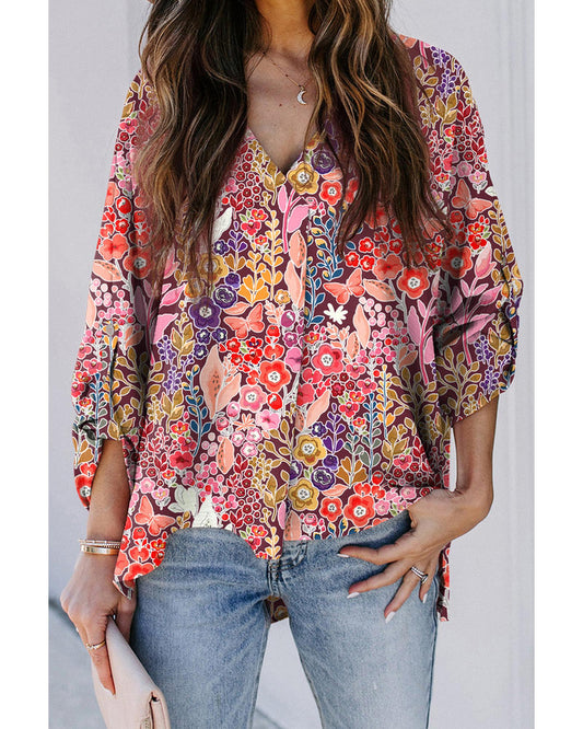 Azura Exchange Boho Floral Long Sleeve V-Neck Blouse - M