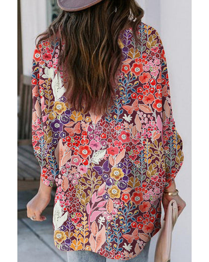 Azura Exchange Boho Floral Long Sleeve V-Neck Blouse - M