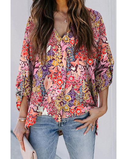 Azura Exchange Boho Floral Long Sleeve V-Neck Blouse - S