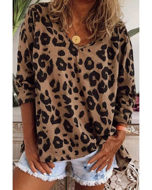 Azura Exchange Leopard Print V Neck Long Sleeve Top - L