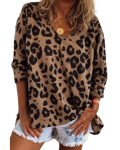 Azura Exchange Leopard Print V Neck Long Sleeve Top - L