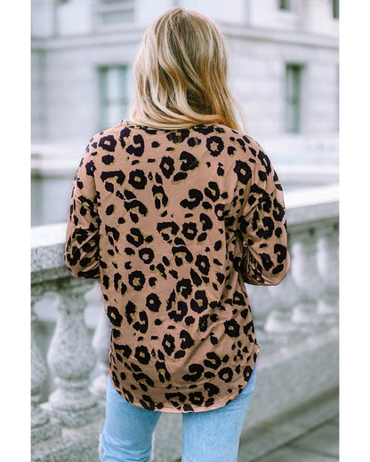 Azura Exchange Leopard Print V Neck Long Sleeve Top - L