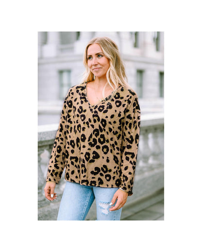 Azura Exchange Leopard Print V Neck Long Sleeve Top - L