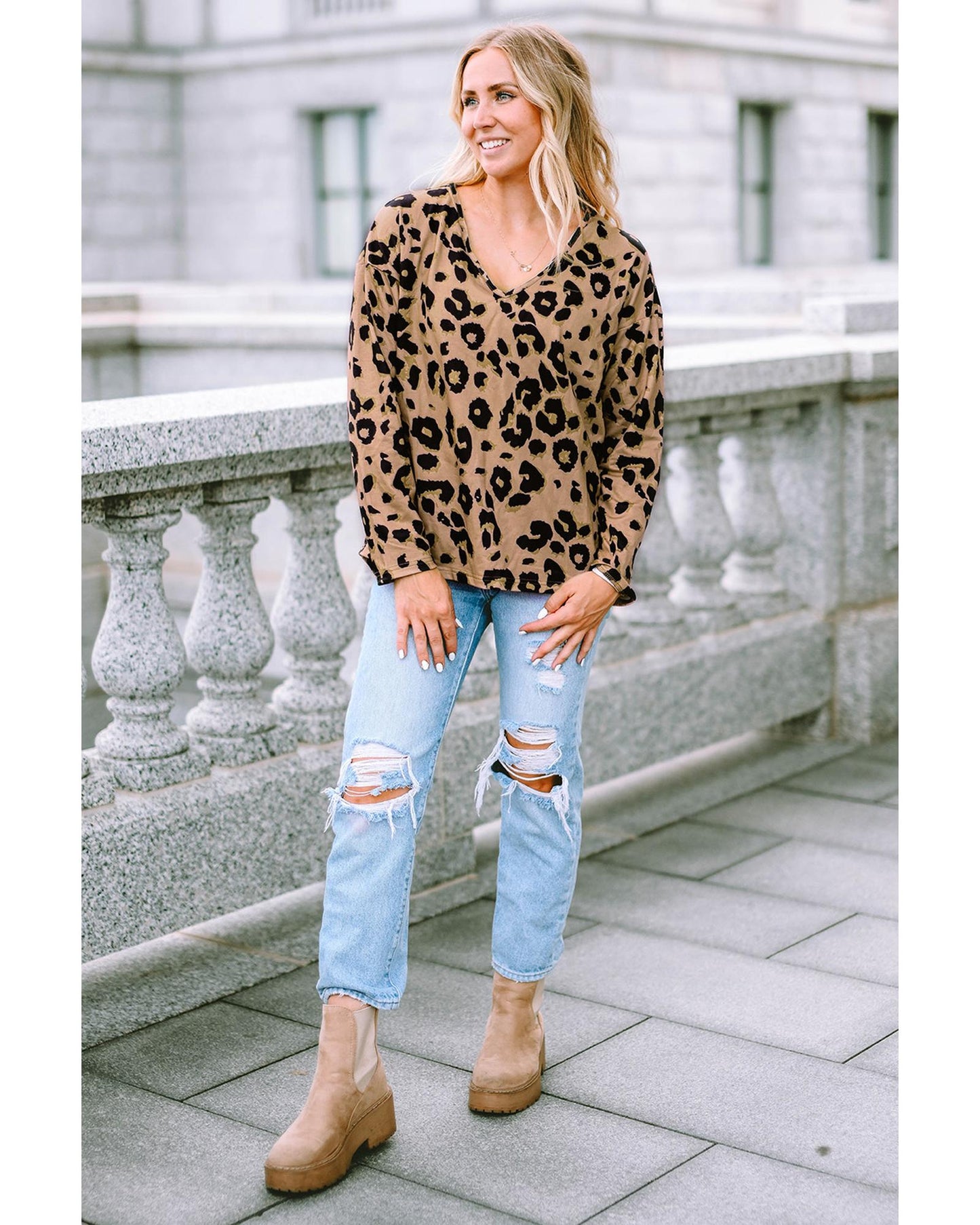 Azura Exchange Leopard Print V Neck Long Sleeve Top - L