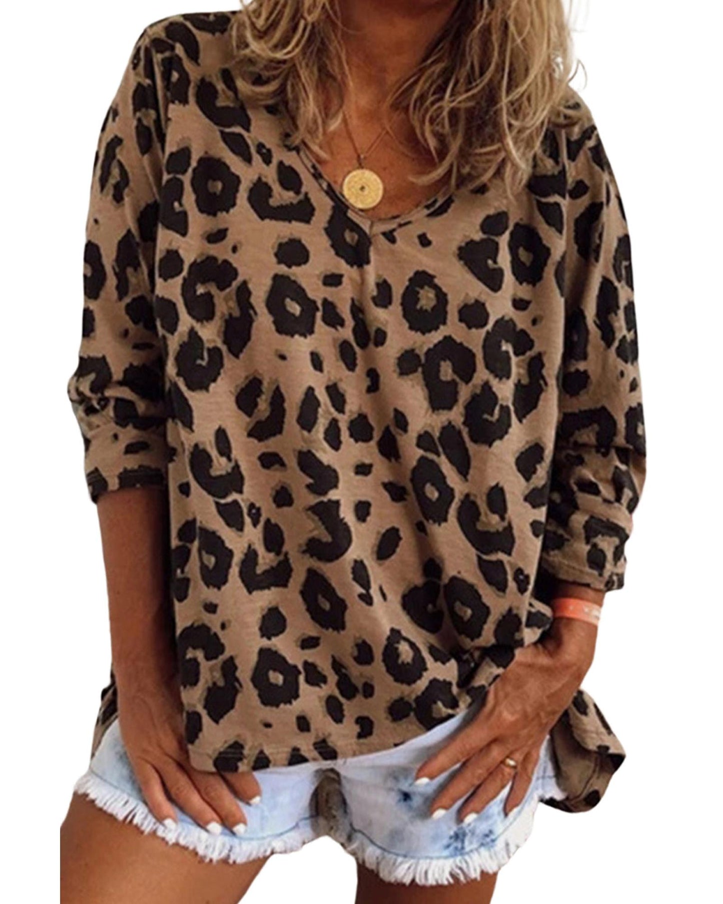 Azura Exchange Leopard Print V Neck Long Sleeve Top - S