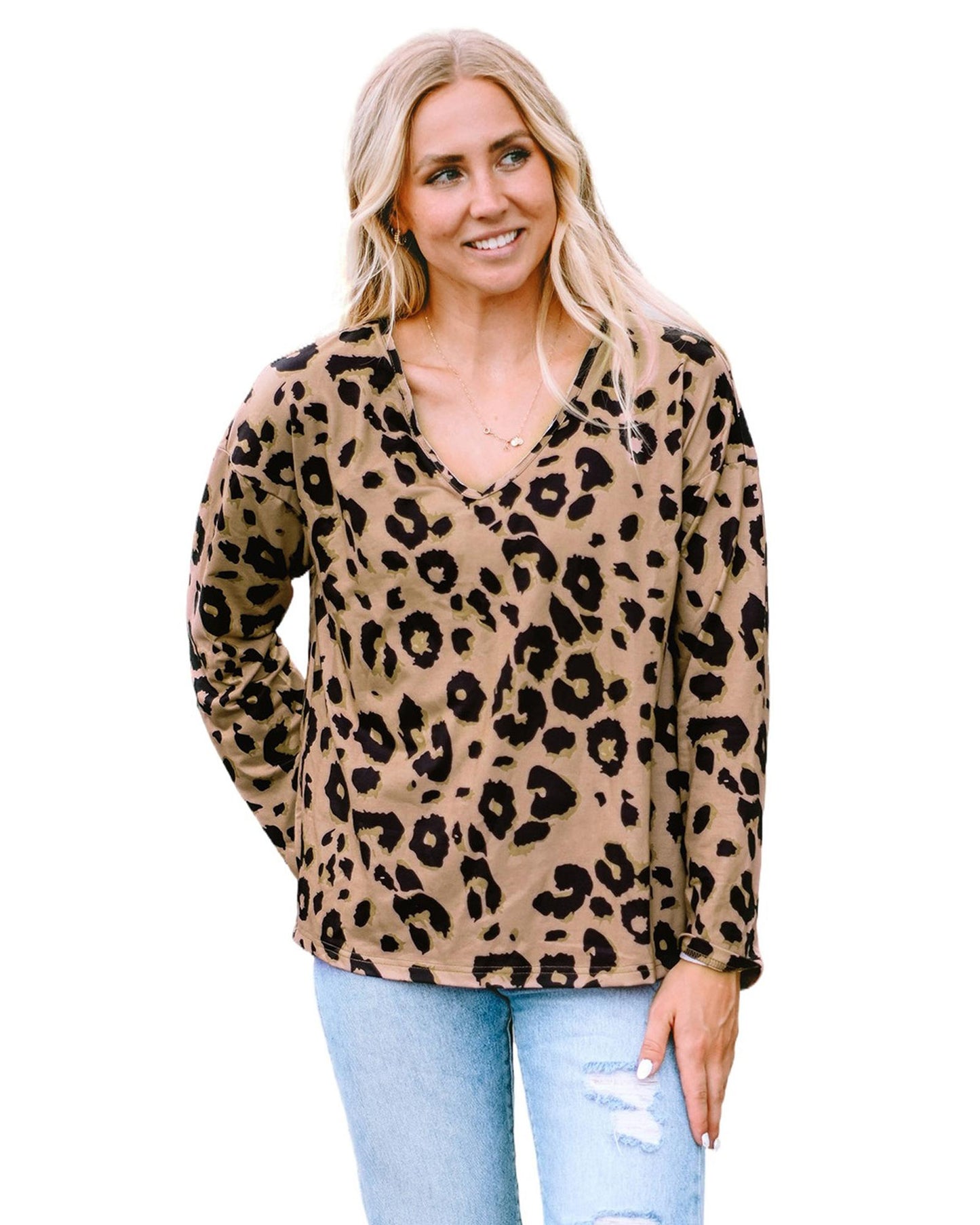 Azura Exchange Leopard Print V Neck Long Sleeve Top - S