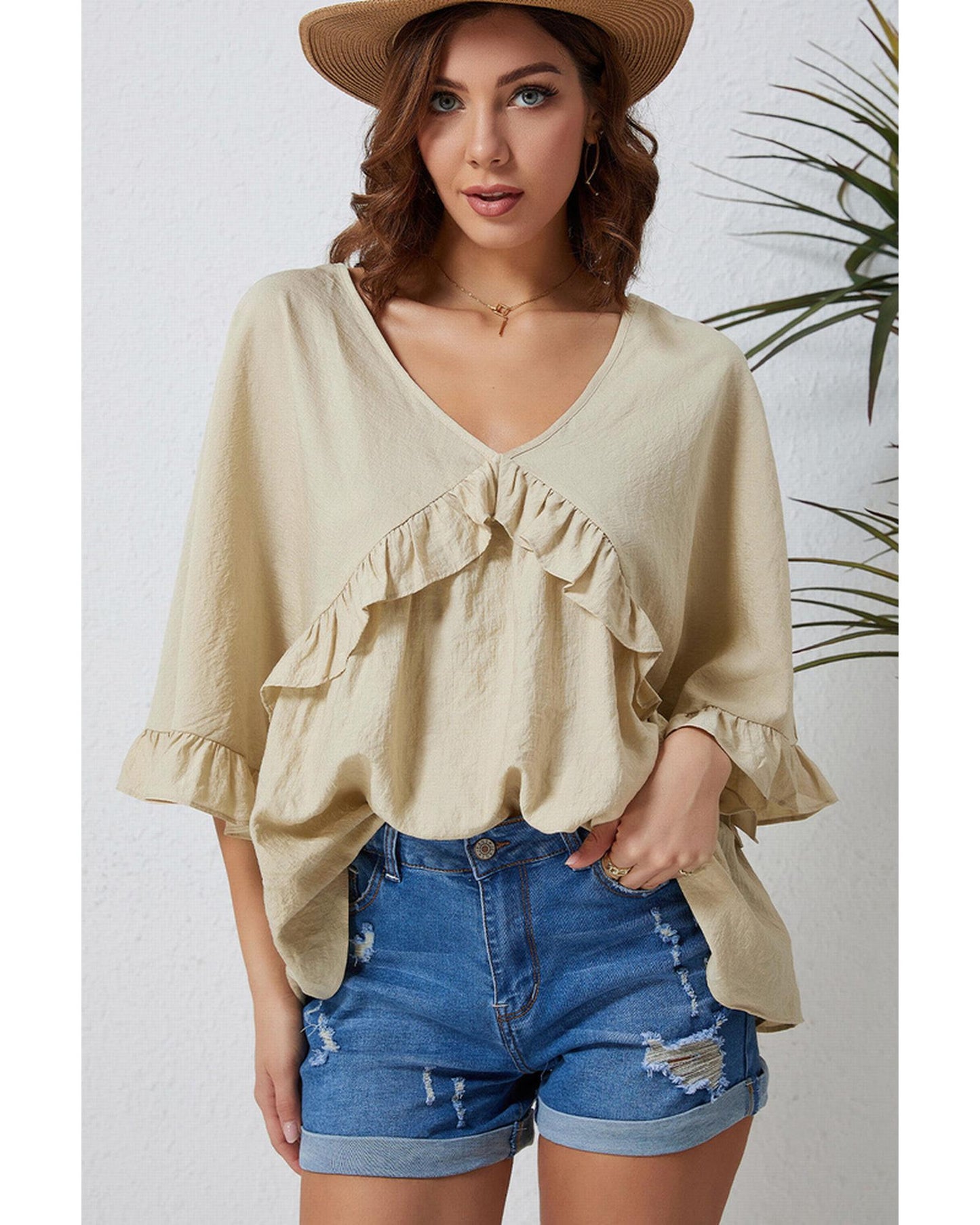 Azura Exchange Draped Batwing Sleeve Ruffle Top - L