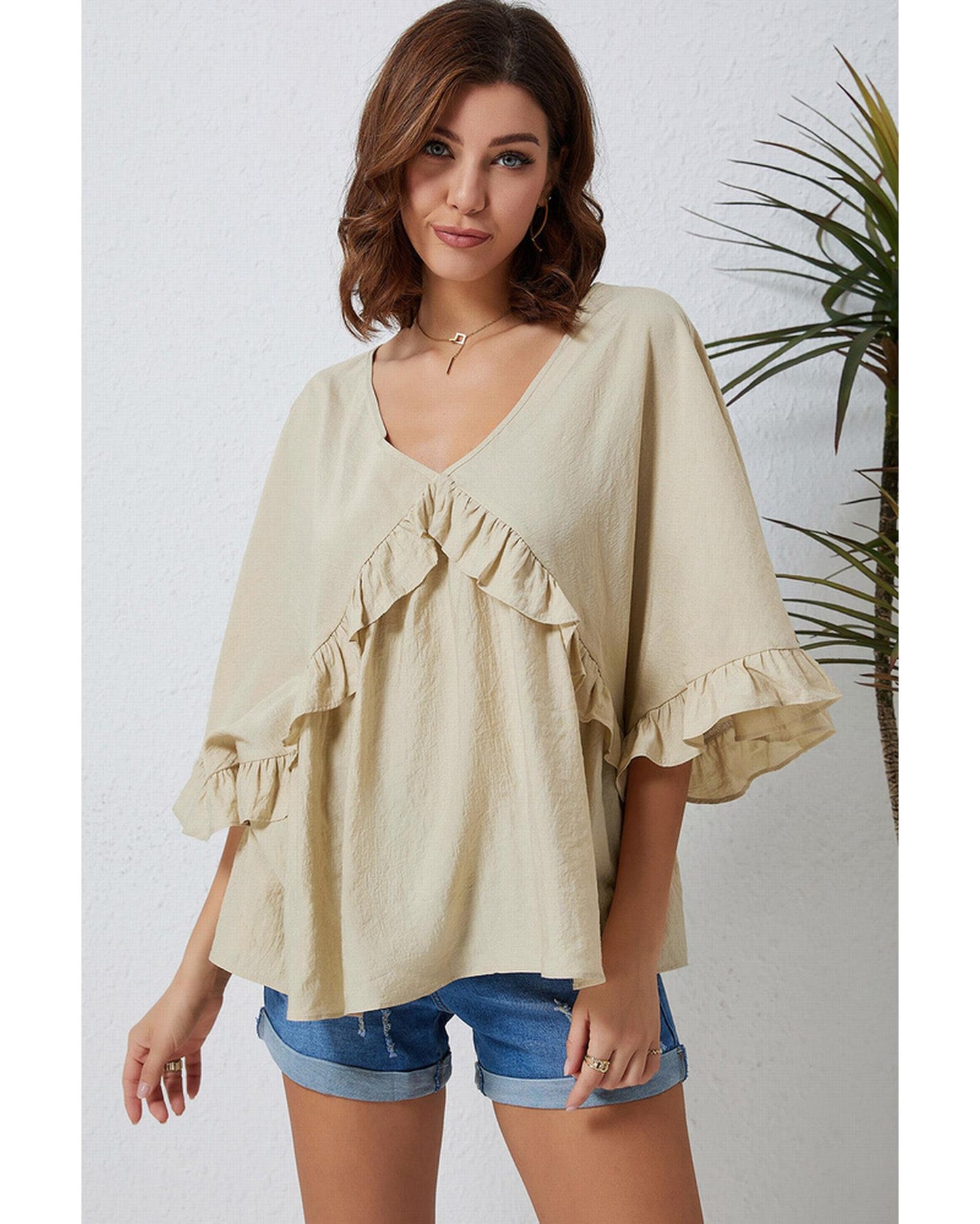 Azura Exchange Draped Batwing Sleeve Ruffle Top - L