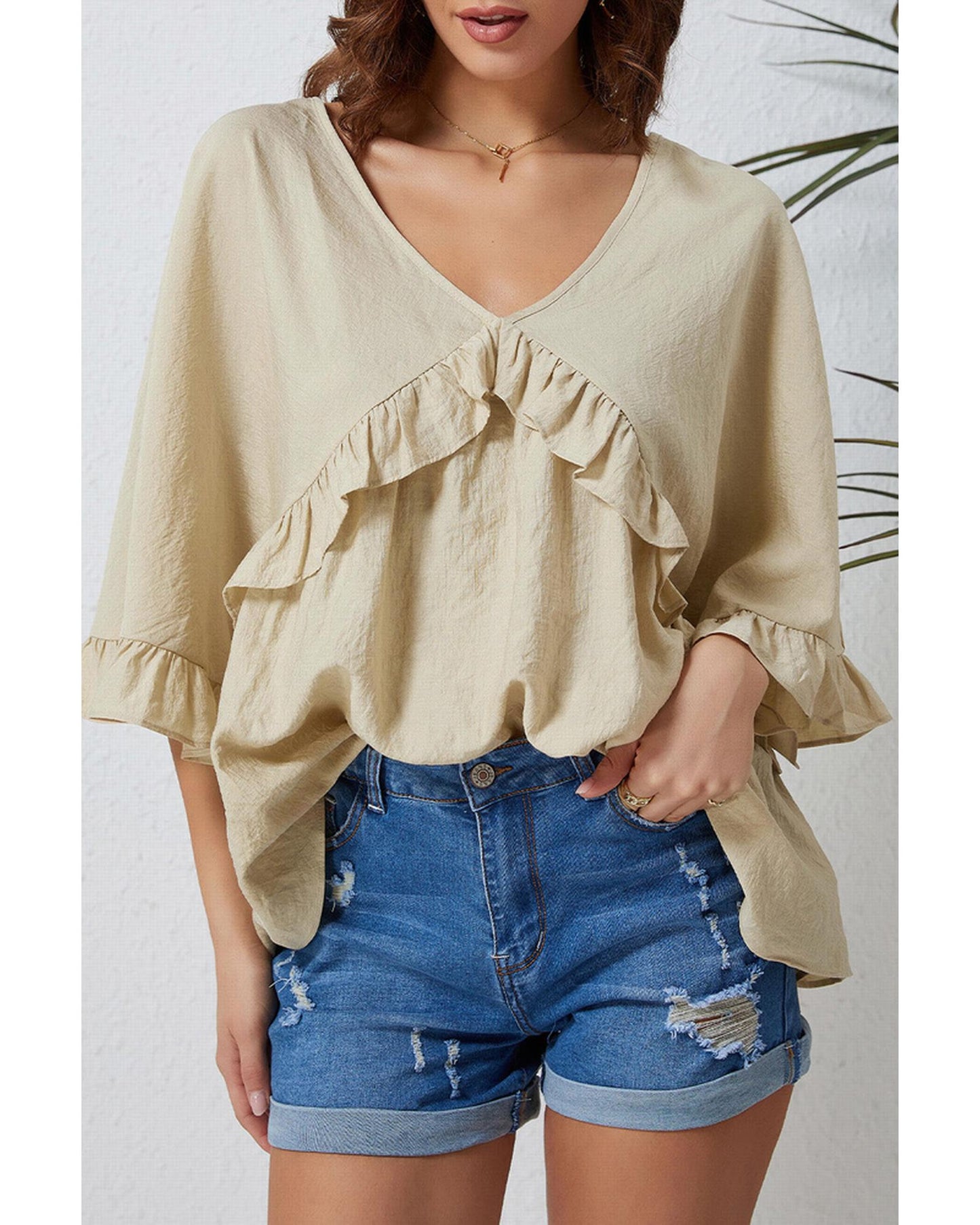 Azura Exchange Draped Batwing Sleeve Ruffle Top - L