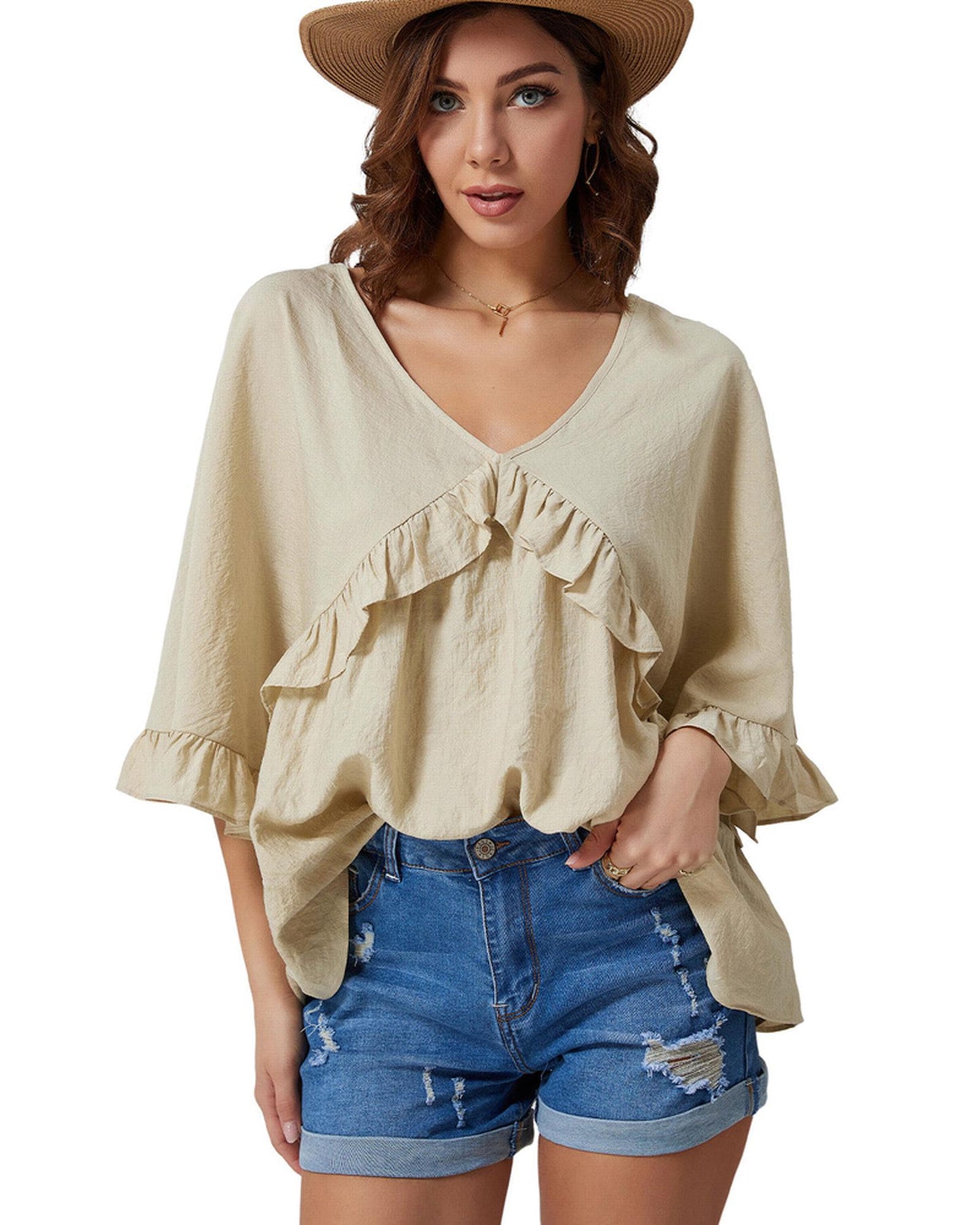 Azura Exchange Draped Batwing Sleeve Ruffle Top - L