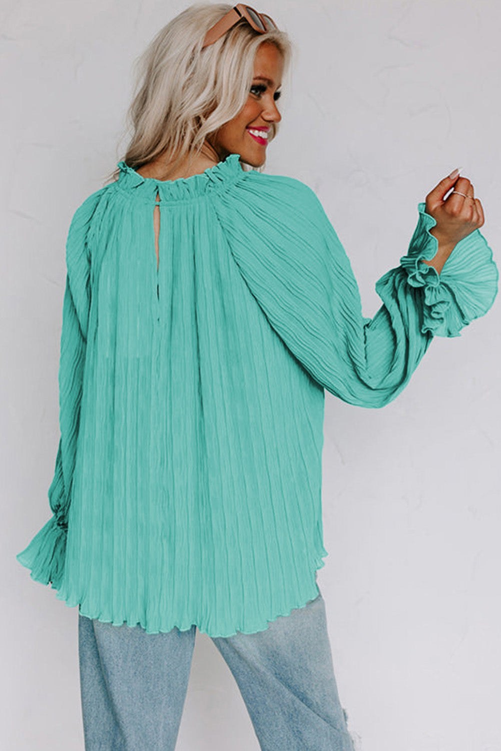 Azura Exchange Pleated Flared Cuff Long Sleeve Blouse - M