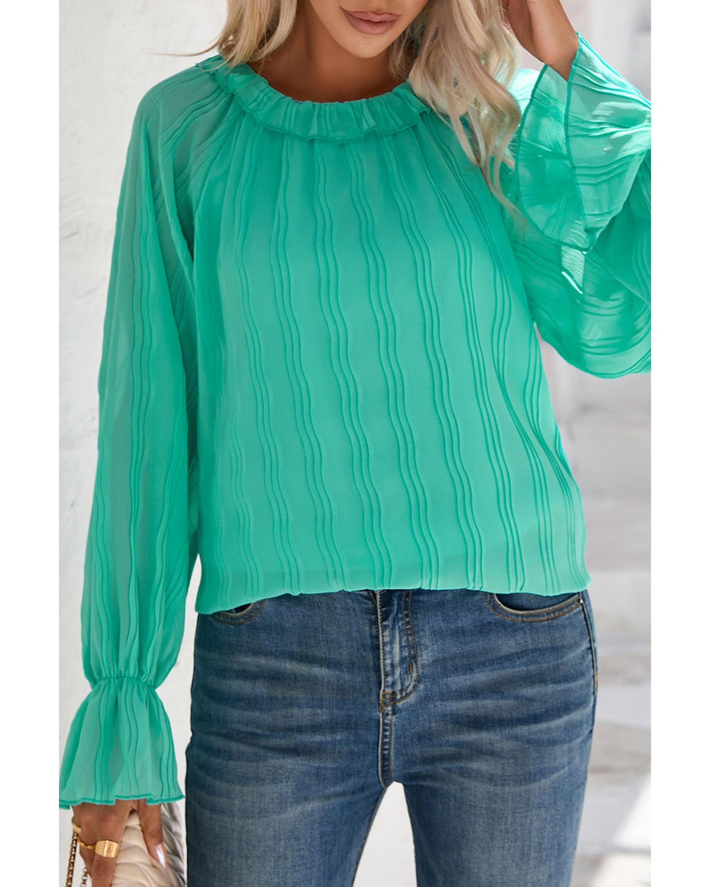 Azura Exchange Pleated Flared Cuff Long Sleeve Blouse - M