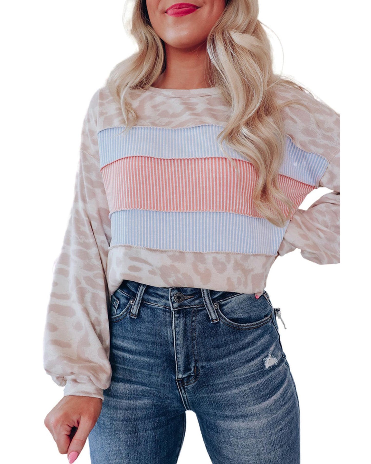 Azura Exchange Contrast Stripes Patchwork Puff Sleeve Knit Top - L