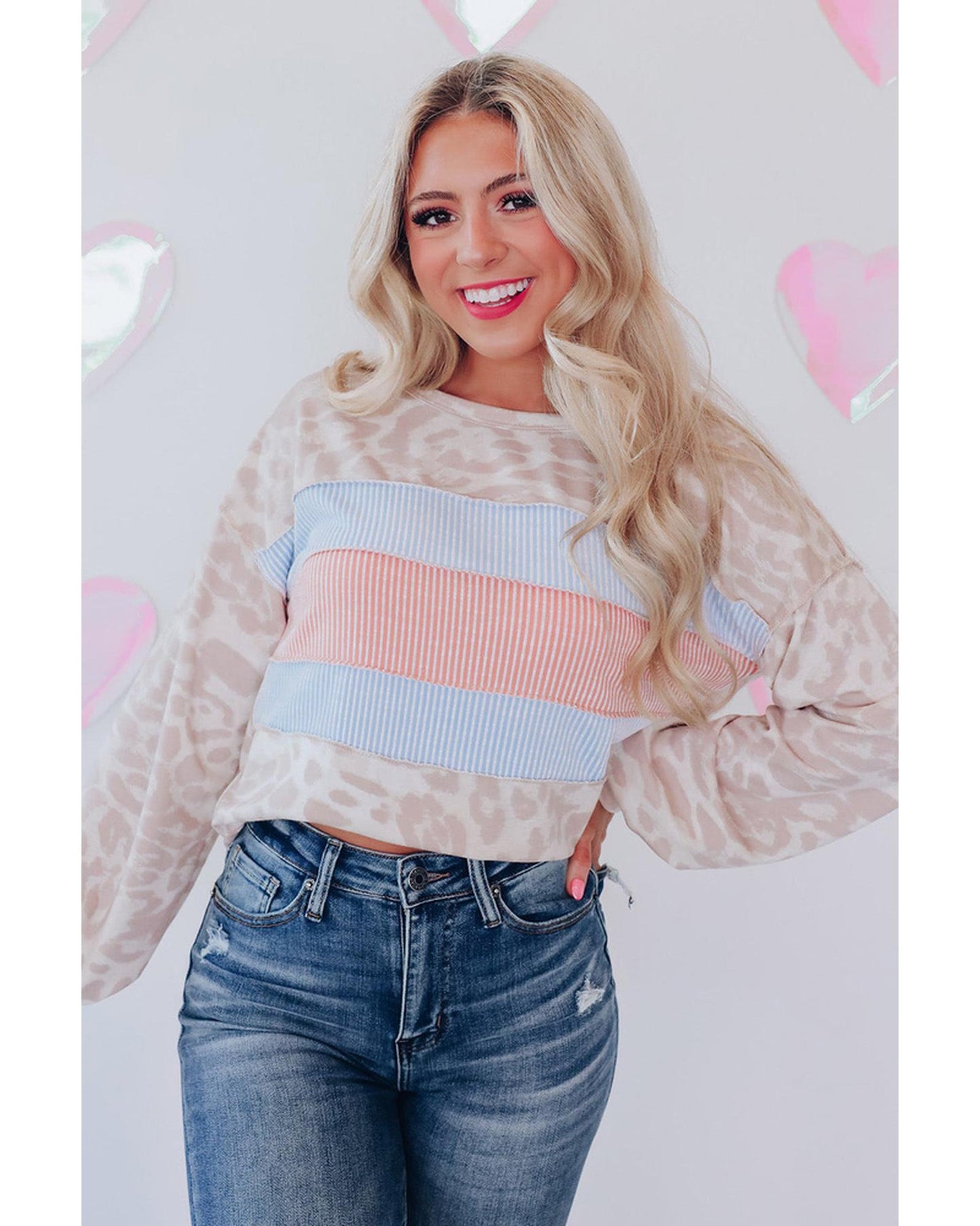 Azura Exchange Contrast Stripes Patchwork Puff Sleeve Knit Top - M