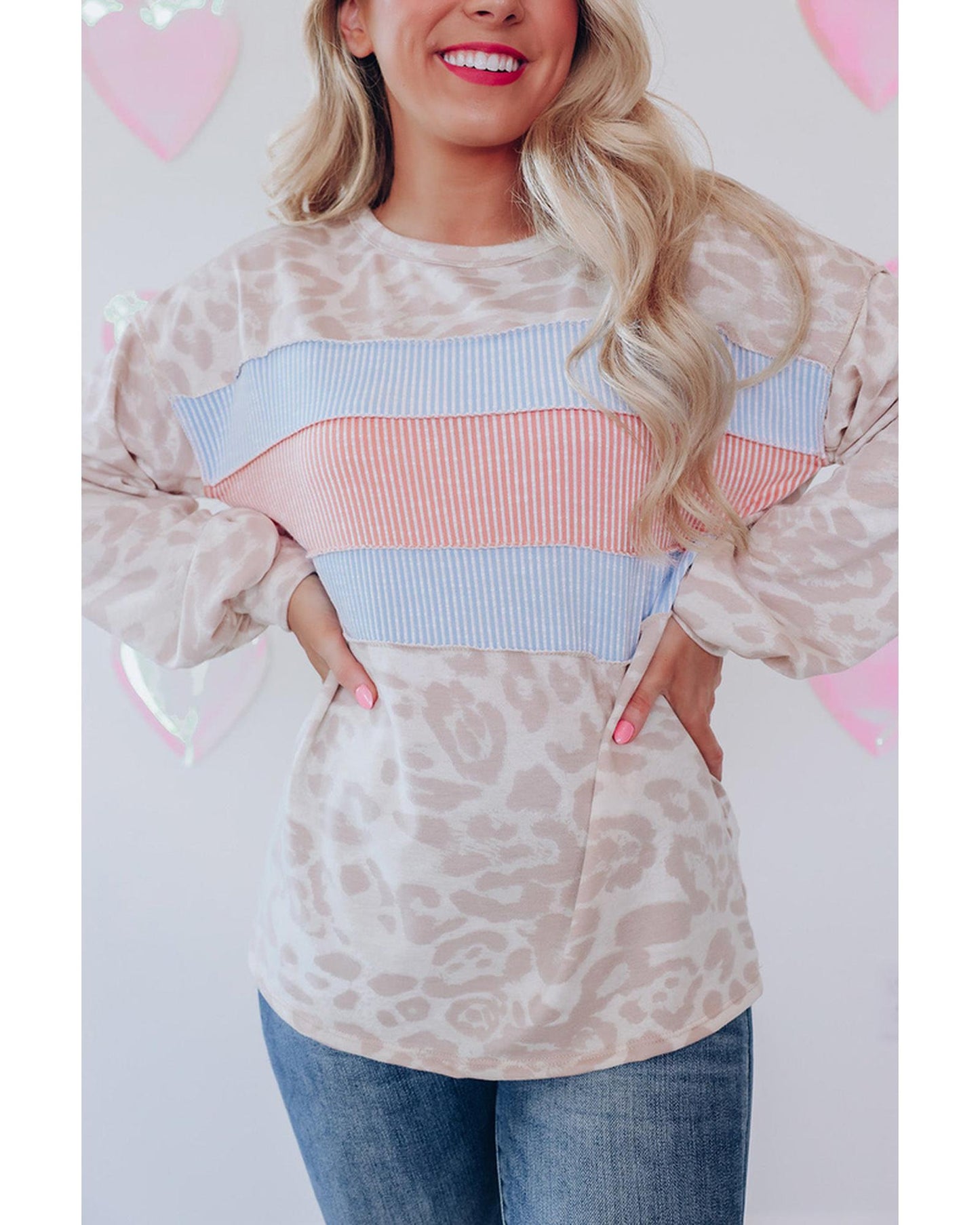 Azura Exchange Contrast Stripes Patchwork Puff Sleeve Knit Top - M