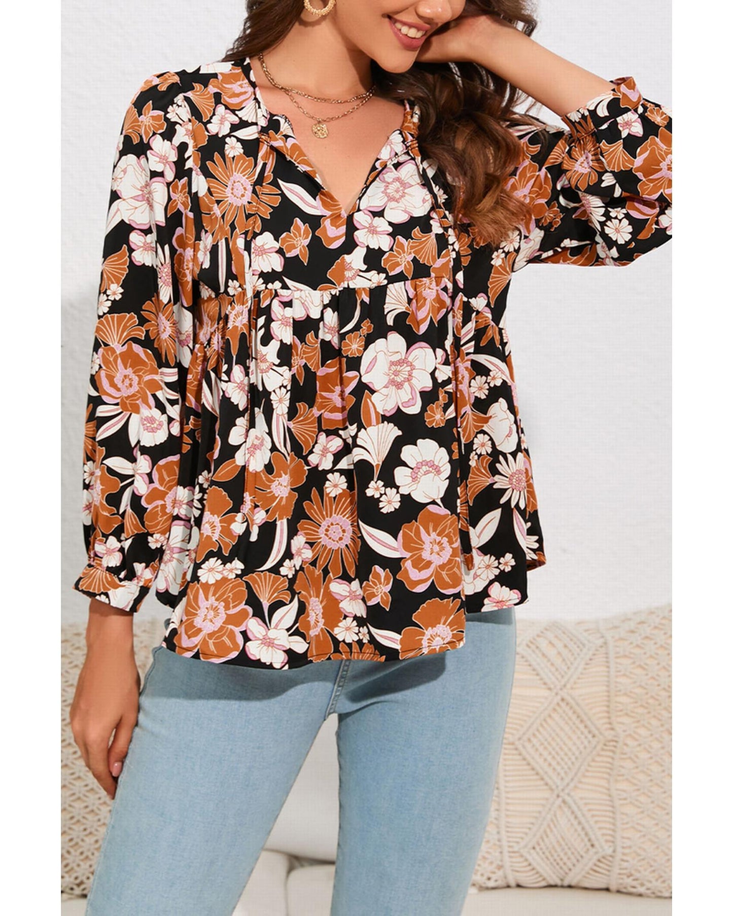 Azura Exchange Floral Print 3/4 Sleeve Blouse - L