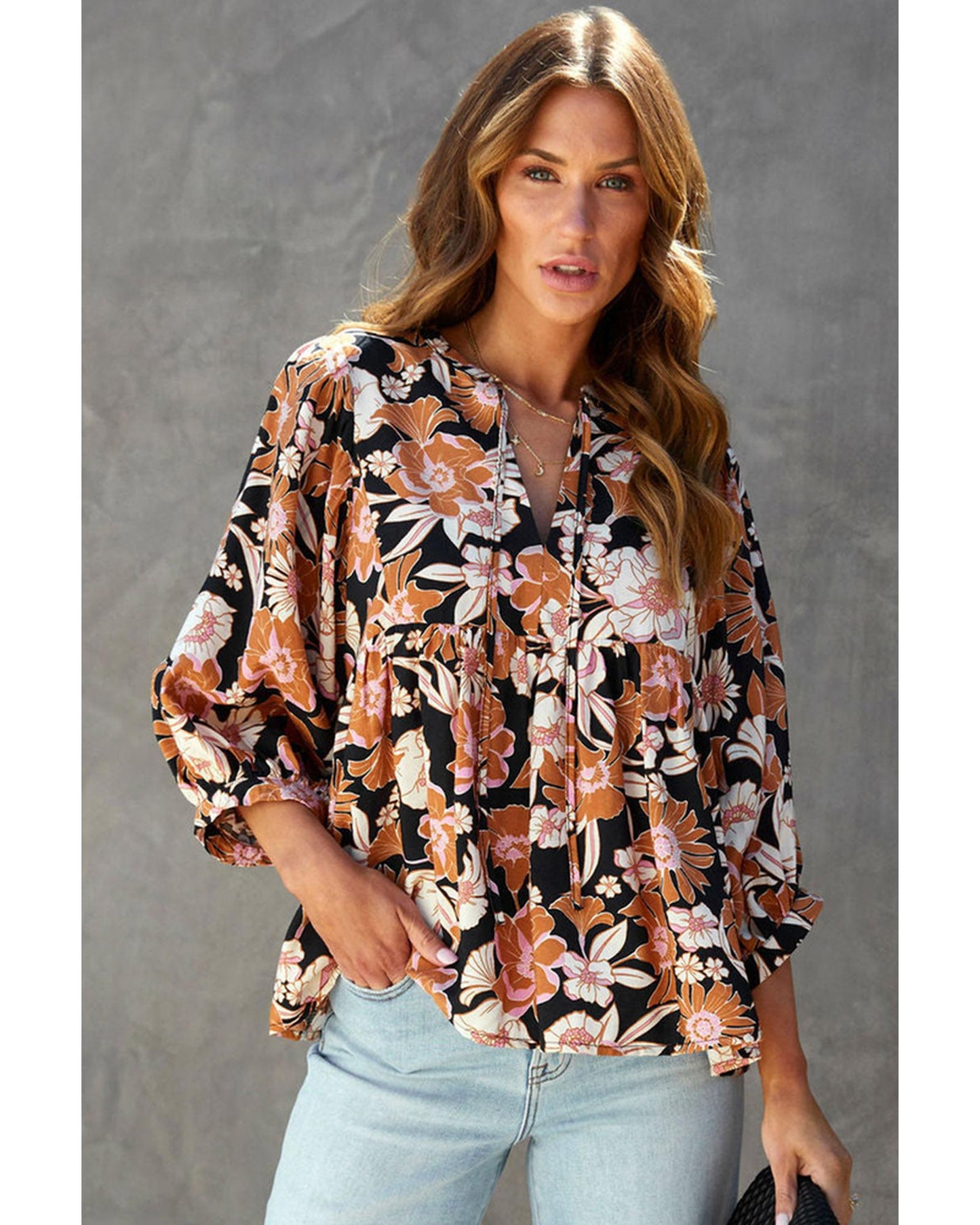 Azura Exchange Floral Print 3/4 Sleeve Blouse - L