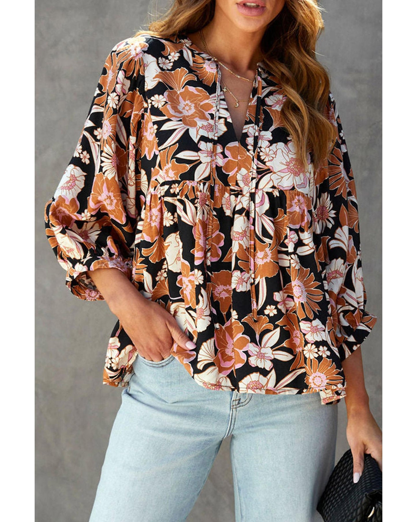 Azura Exchange Floral Print 3/4 Sleeve Blouse - M