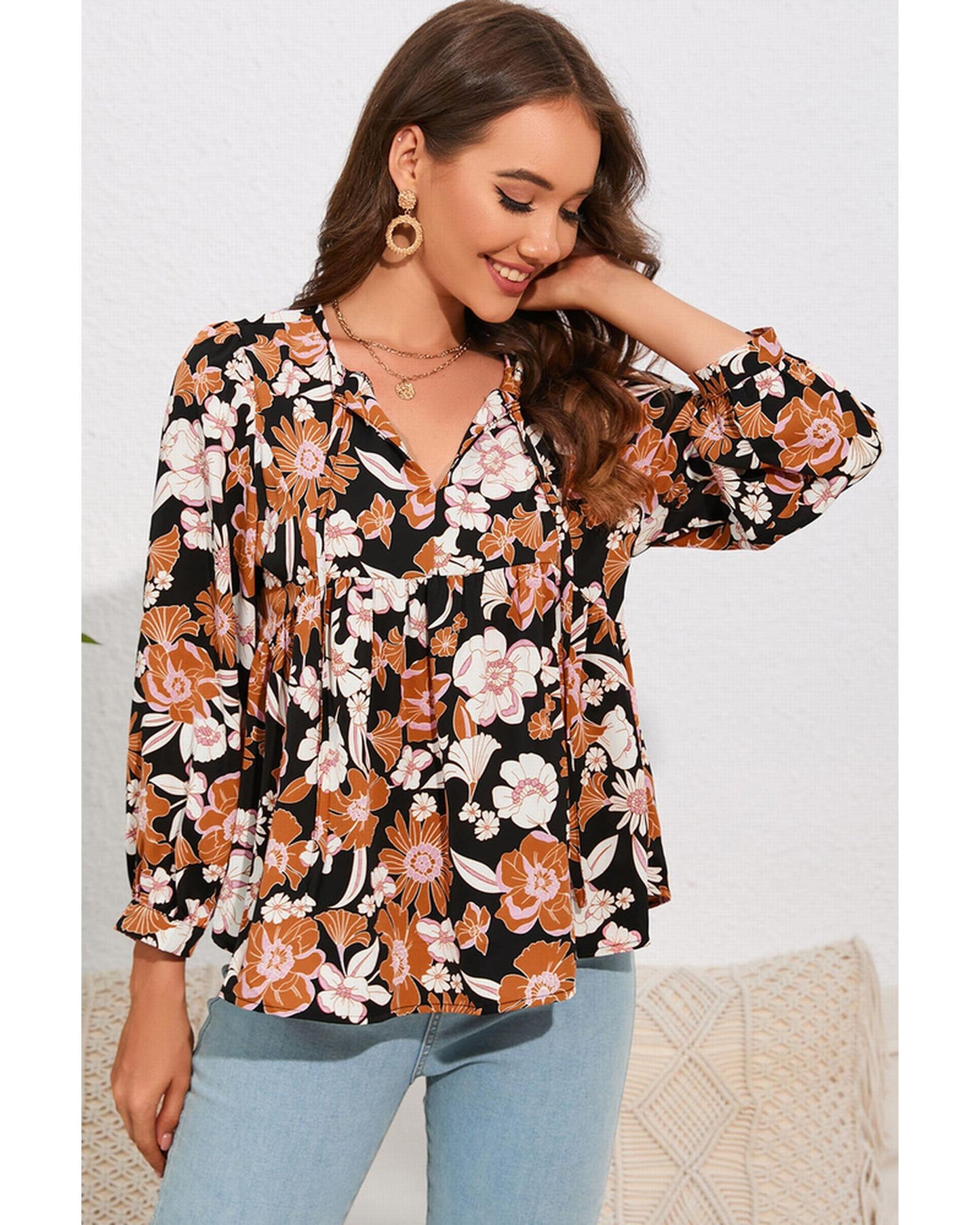 Azura Exchange Floral Print 3/4 Sleeve Blouse - XL