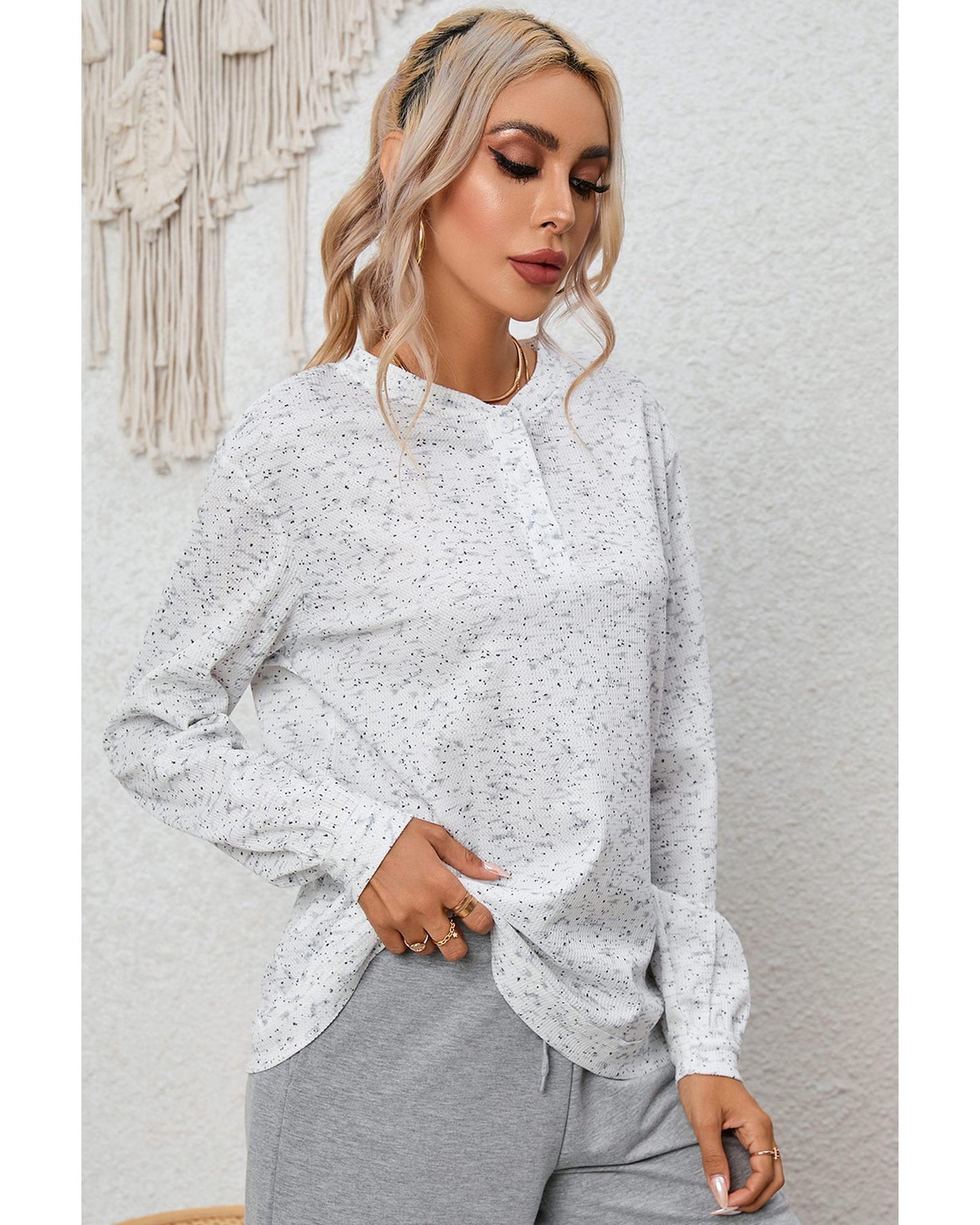 Azura Exchange Relaxed Rib Knit Long Sleeve Henley Top - L